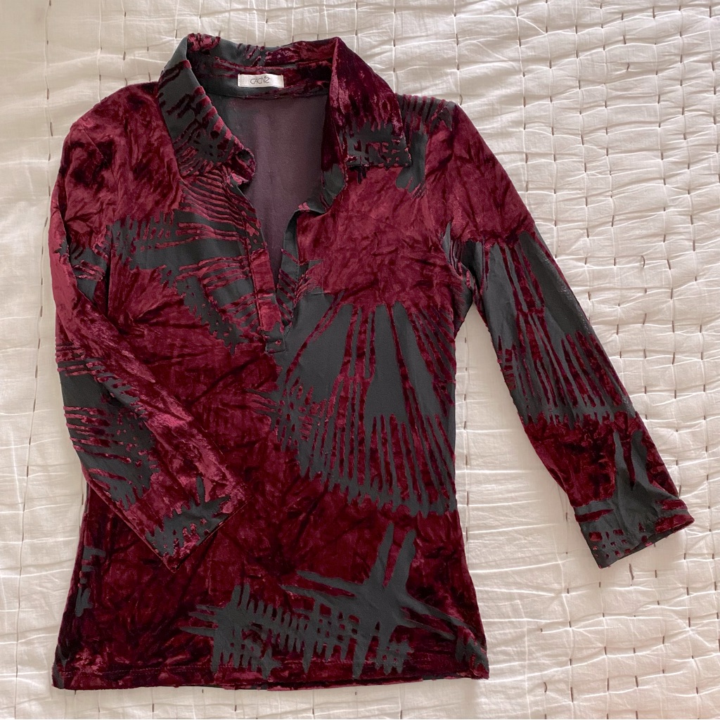 Cache Burgundy Burnout Velvet Semi Sheer Blouse Size S